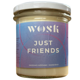 Naturalna świeca sojowa Dobry Wosk o zapachu Just Friends, w słoiku z gradientową etykietą w odcieniach różu i niebieskiego.