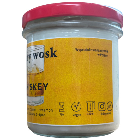 Naturalna świeca Dobry Wosk Whiskey – informacje o składzie i specyfikacji produktu na etykiecie tylnej Naturalna świeca Dobry Wosk Whiskey – informacje o składzie i specyfikacji produktu na etykiecie tylnej