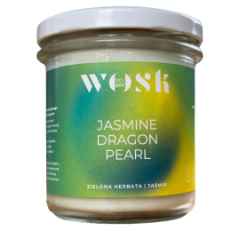 Naturalna świeca sojowa Dobry Wosk o zapachu Jasmine Dragon Pearl, w słoiku z gradientową etykietą w odcieniach zieleni i żółci.